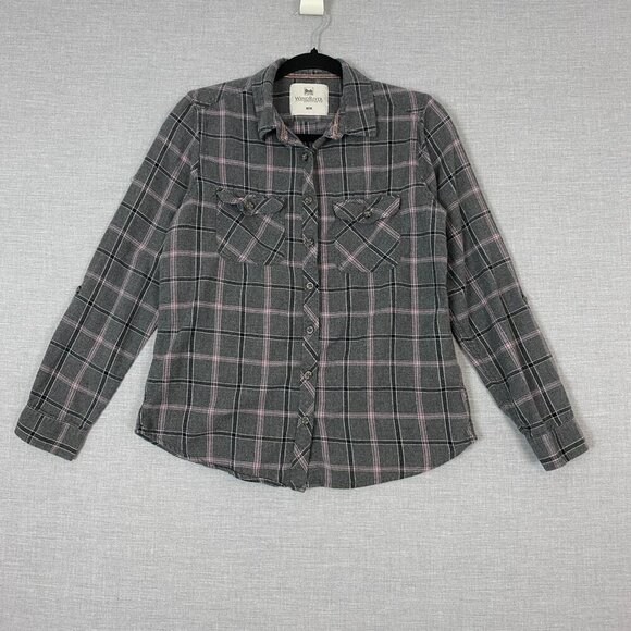 WindRiver Flannel Shirt Roll Tab Sleeves Cotton Sz Med Grey Pink Plaid - Picture 2 of 10